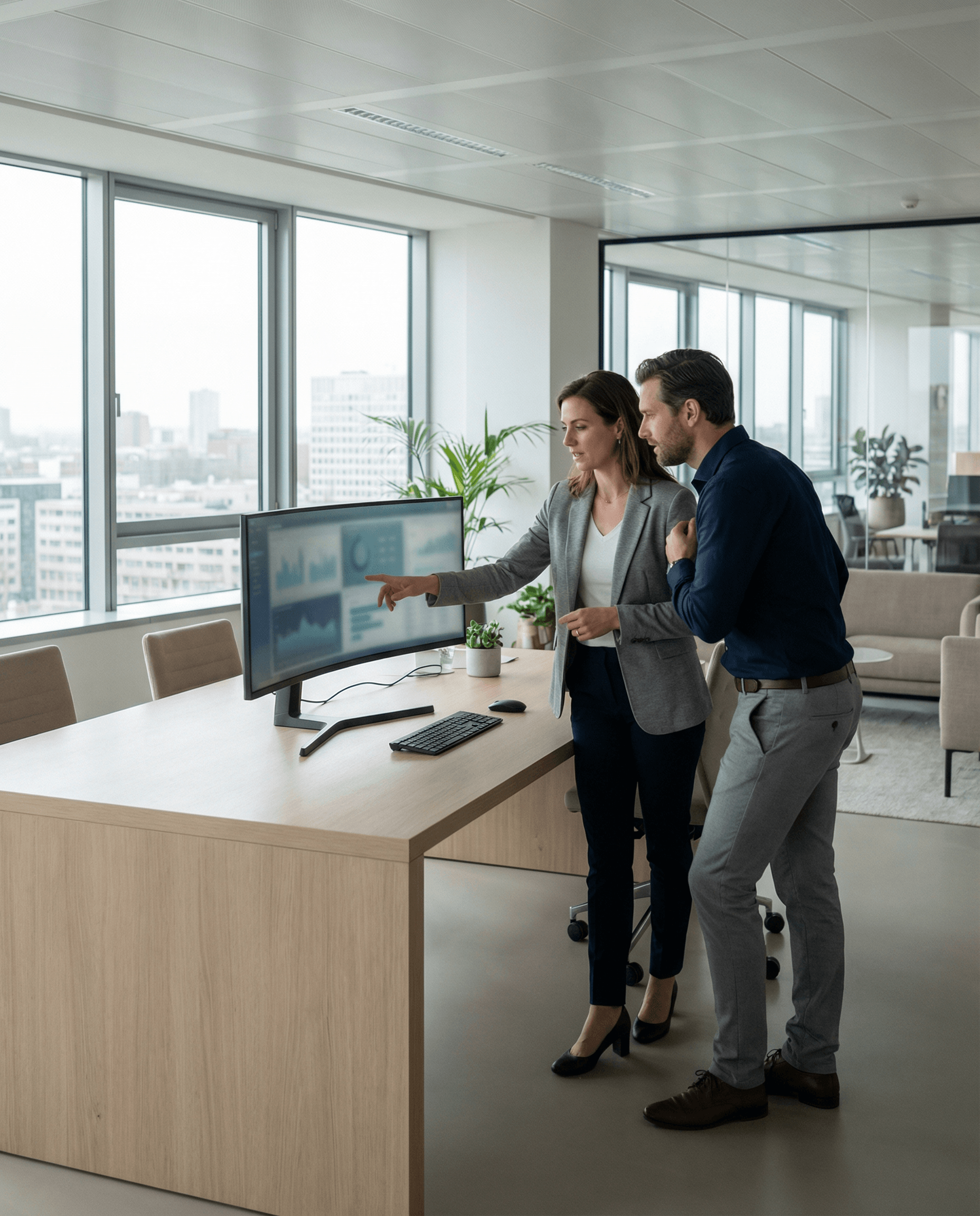 business man adn woman checking screen image