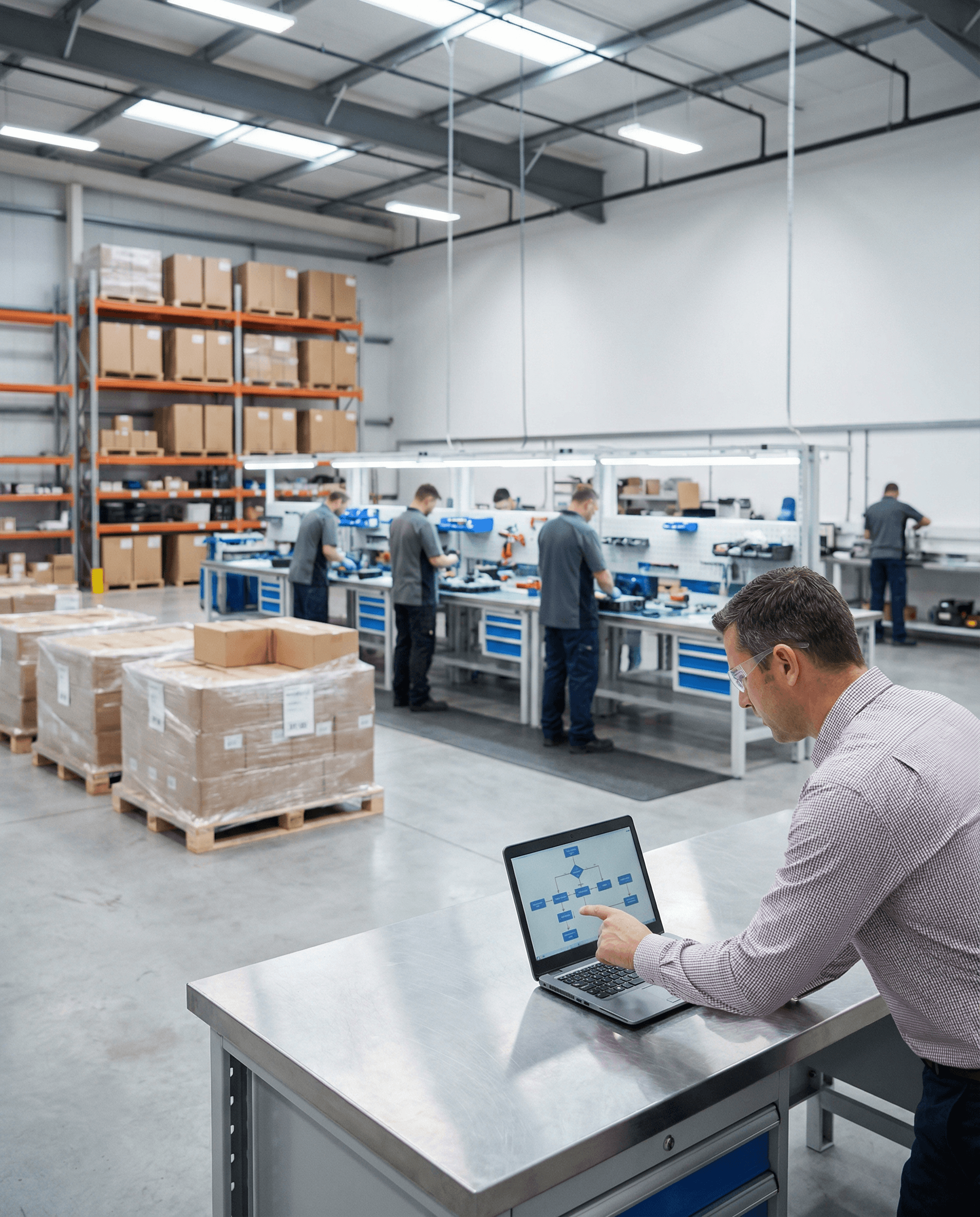 business man chekcing flow in wherehouse image