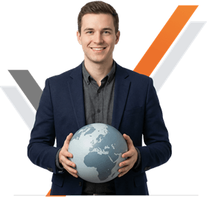 image of business man holding globe image in hand