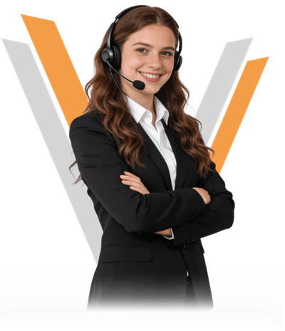 Female customer service representative with headset wearing black blazer