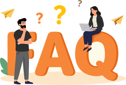 Man and woman with question marks around large FAQ text.