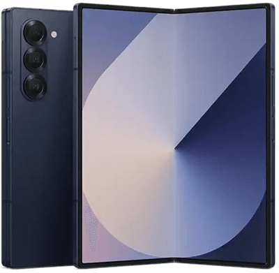 Samsung Galaxy Z Fold 6 smartphone in Navy Blue partially unfolded.
