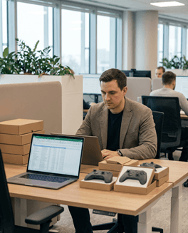 Employee at an open-office desk tracking package logistics on a laptop.