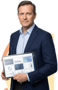Corporate executive showcasing a digital tablet with financial graphs and charts.